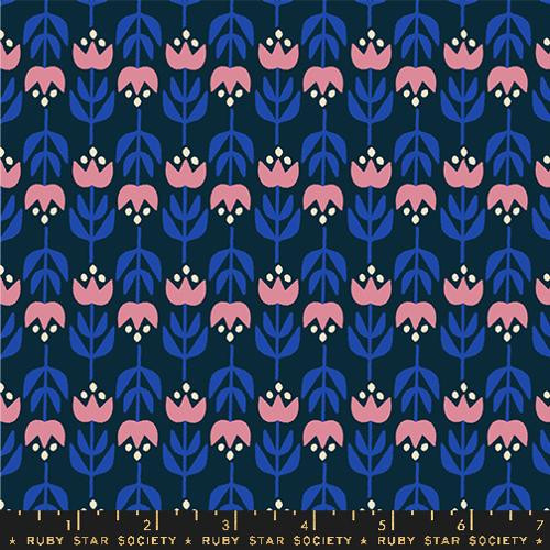 Woodland Park Retro Floral Vintage Tulips Teal Navy - Ruby Star Society Fabrics 1084-14