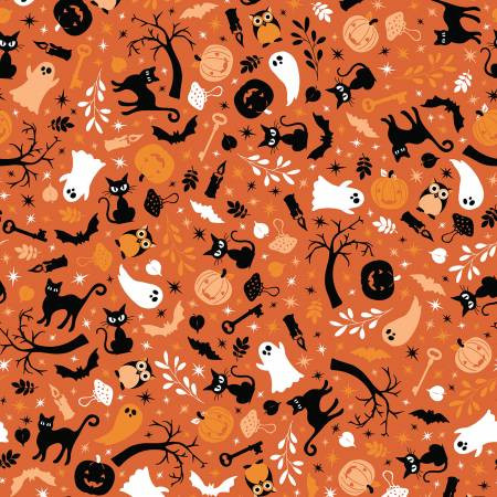 Pumpkins and Potions Cats & Ghosts Orange - Maywood Studio Fabric MAS10571-O