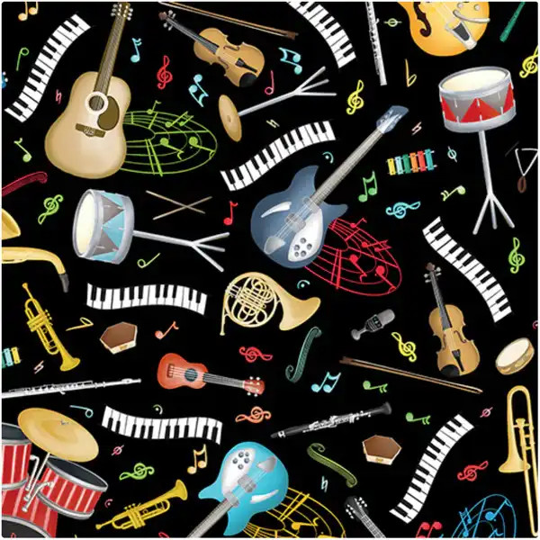 Making Music Musical Instruments Black - Benartex Fabric 14772-12 Premier Stitching