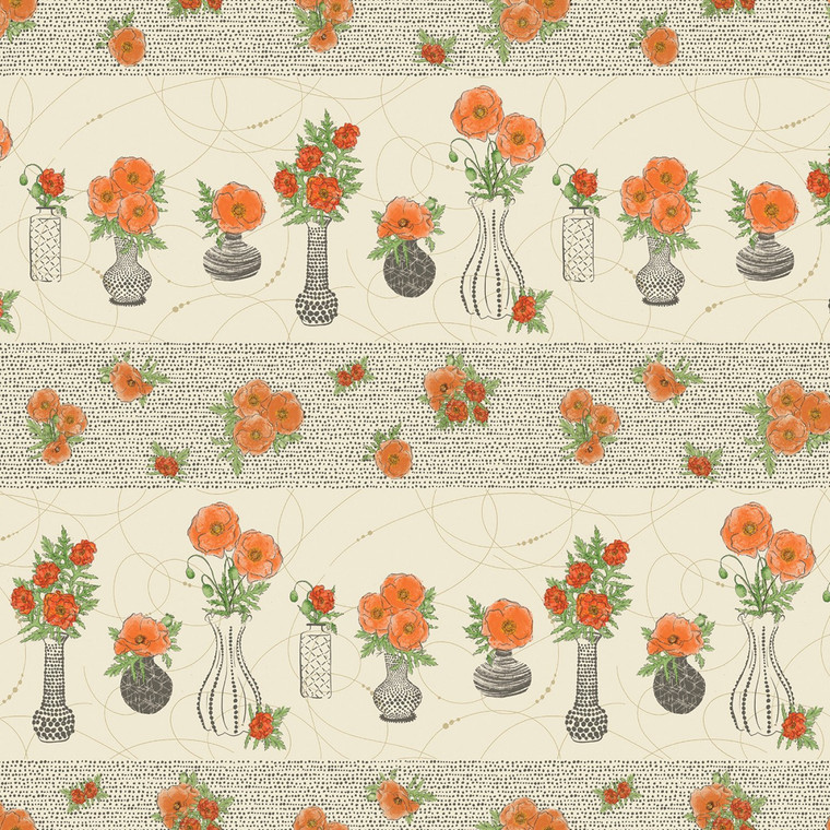 Modern Vintage Treasured Poppies Stripe Natural - Benartex Fabric 16594-70