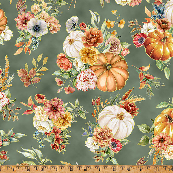 Harvest Bouquet Pumpkins and Flowers Earl Grey - Hoffman Fabrics X5542-410-Earl-Grey
