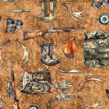 QT Fabric - Forest, Field And Stream - Hunting Equipment Terra Cotta #31410-t Premier Stitching