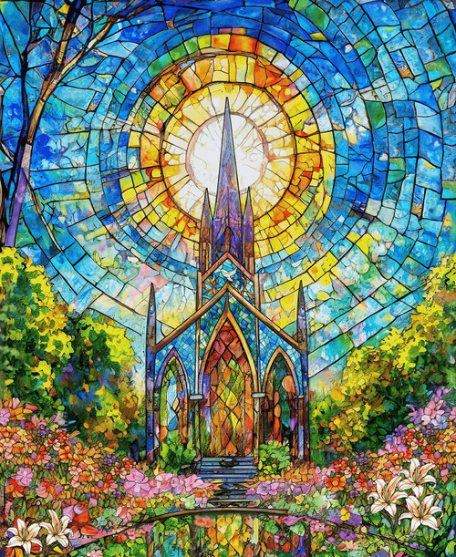 Henry Glass Fabric - Faith In Full - Stained Glass Church Panel #2188p-74