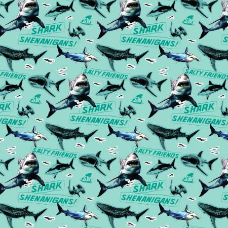 Camelot Fabrics - Shark Week - Shark Shenanigans - Light Turquoise #23560105-01