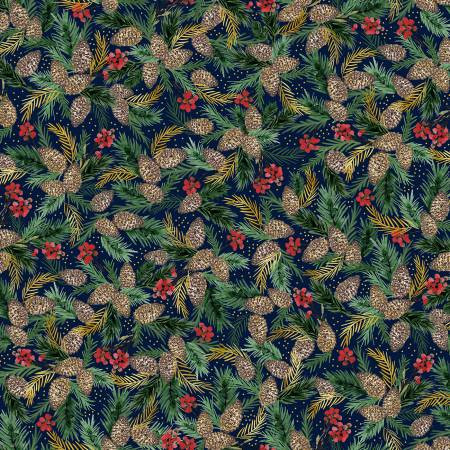 P&B Fabric - Joyful Packed Pinecone Sprigs Navy #JOYF5890-N
