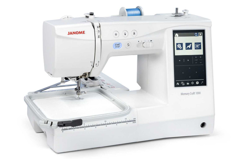 Janome Memory Craft 1000 Sewing & Embroidery Machine Left Side View With Hoop
