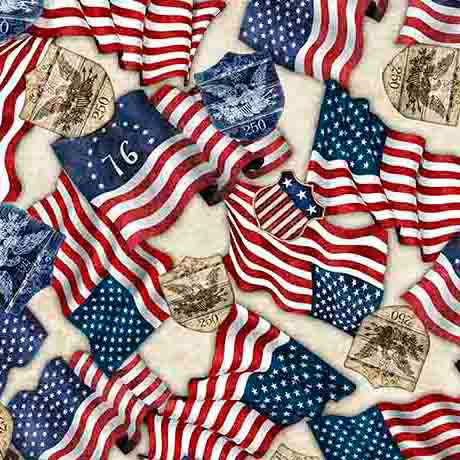 QT Fabrics - 1776 - American Flags & 250 Crest - Birch #31662-e