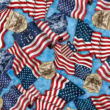 QT Fabrics - 1776 - American Flags & 250 Crest - Blue #31662-b
