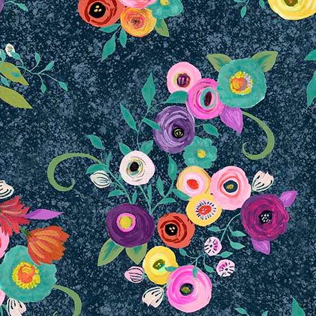 QT Fabrics - Blooming Bouquet - Watercolor Floral - Toss Navy #31243-N