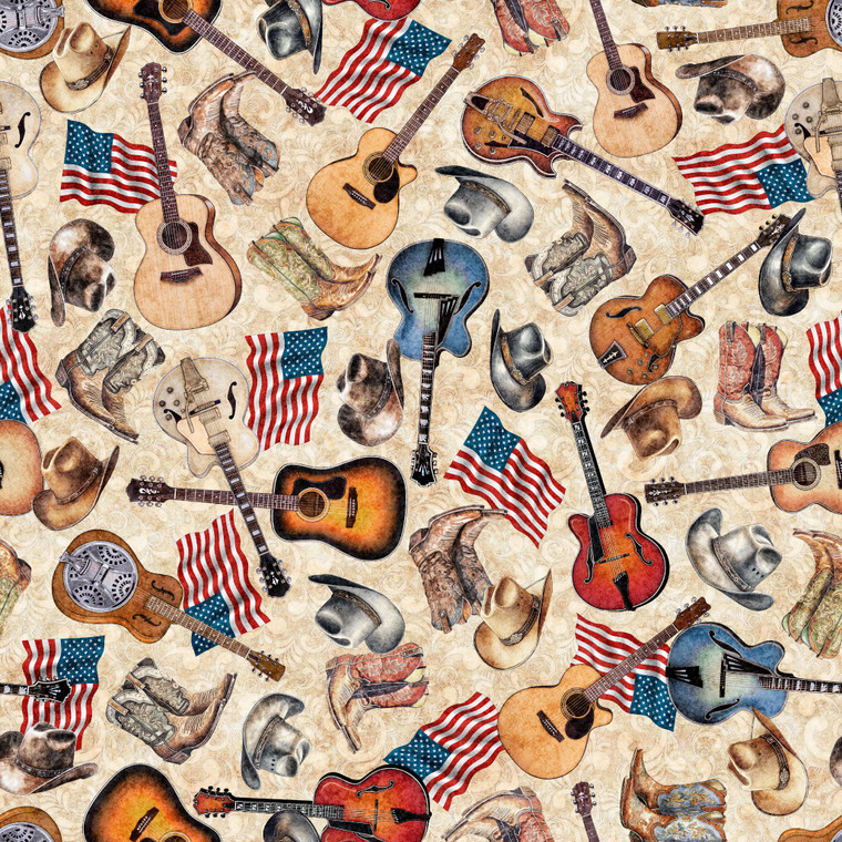 QT Fabrics - American Country - Guitars - Tan #31993-a