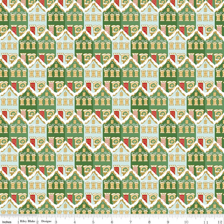 Riley Blake Designs - Claus & Co. - Christmas Houses - Green Sparkle #sc17742-green