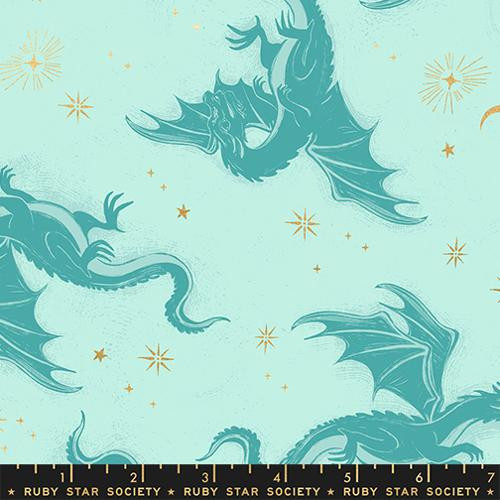 Moda Fabrics - Fireglow - Dragons - Metallic Mint #rs2131-13m
