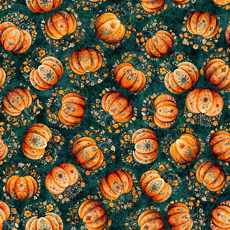 QT Fabrics - Harvest Hollow - Tossed Pumpkins - Teal #31985-q
