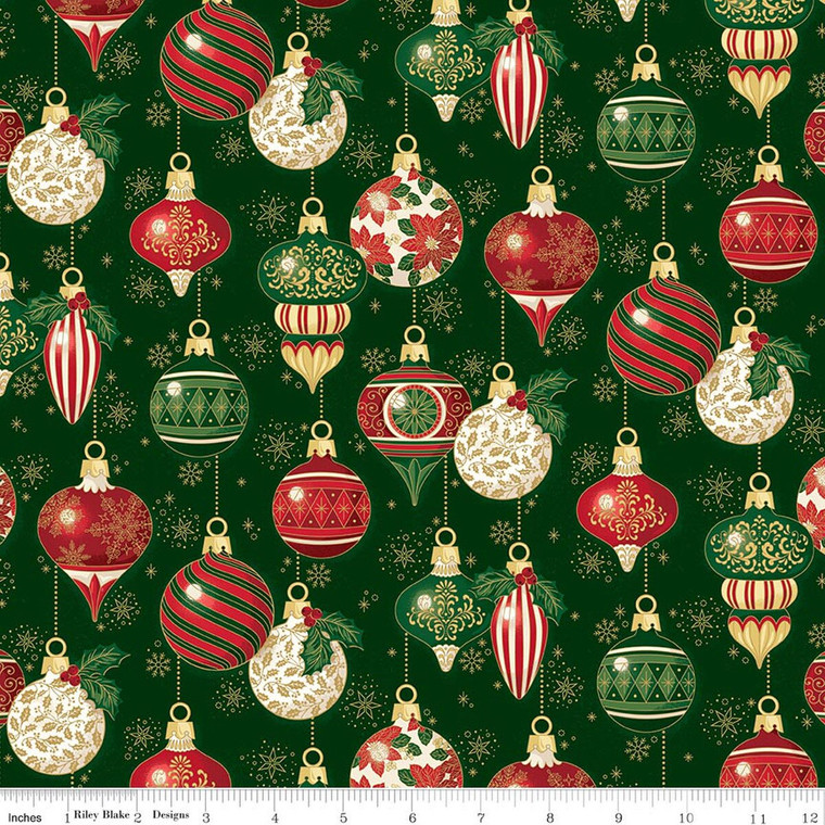 Riley Blake Designs - Poinsettias at Christmas - Ornaments - Green Foil #cf17631-GREEN