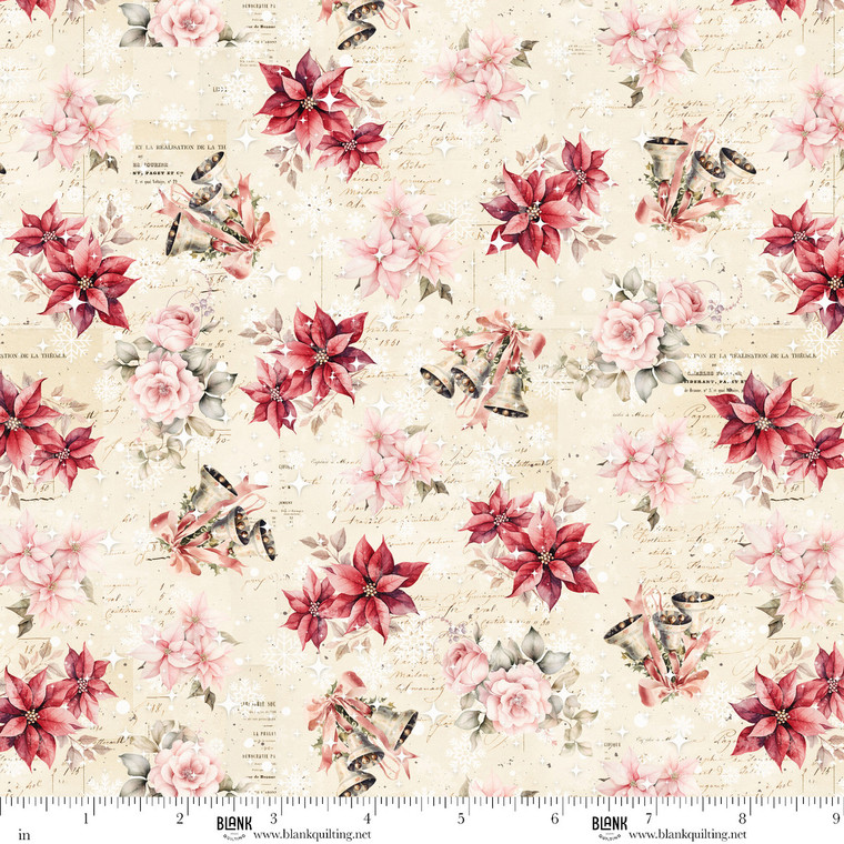 Blank Quilting Fabrics - Christmas Magic - Poinsettias & Bells - Ivory #2017-41