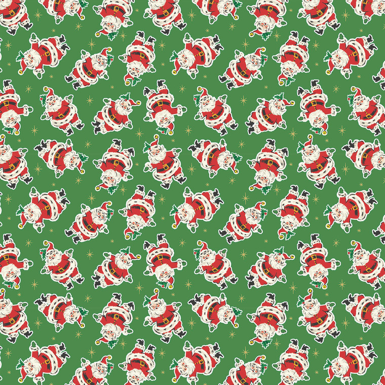 3 Wishes Fabric - Dancing Santas - Holly Jolly Cheer - Green #24553-GRN