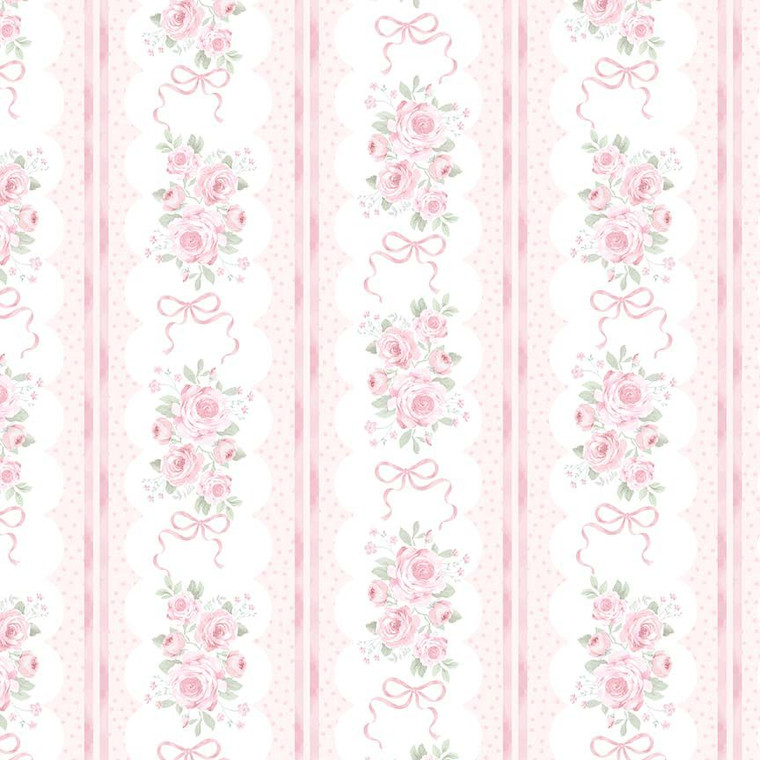 Timeless Treasures Fabric - Pretty In Pink - White Ribbon Floral - 11in Stripe #cd4331-white