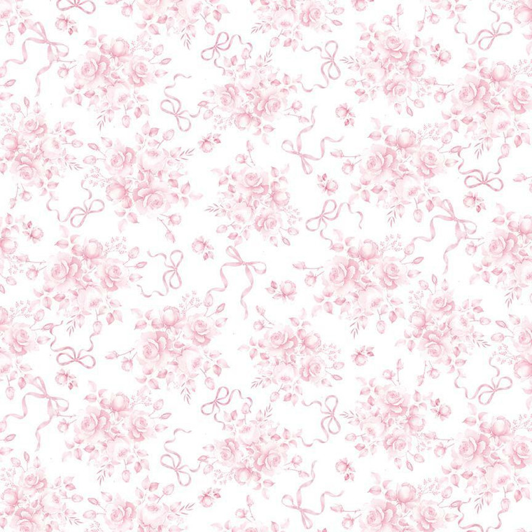 Timeless Treasures Fabric - Pretty In Pink - White Rose & Ribbons Bouquet #cd4333-white