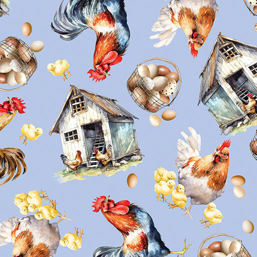 Benartex Fabric - Green Acres - Henhouse - Blue #15339-54