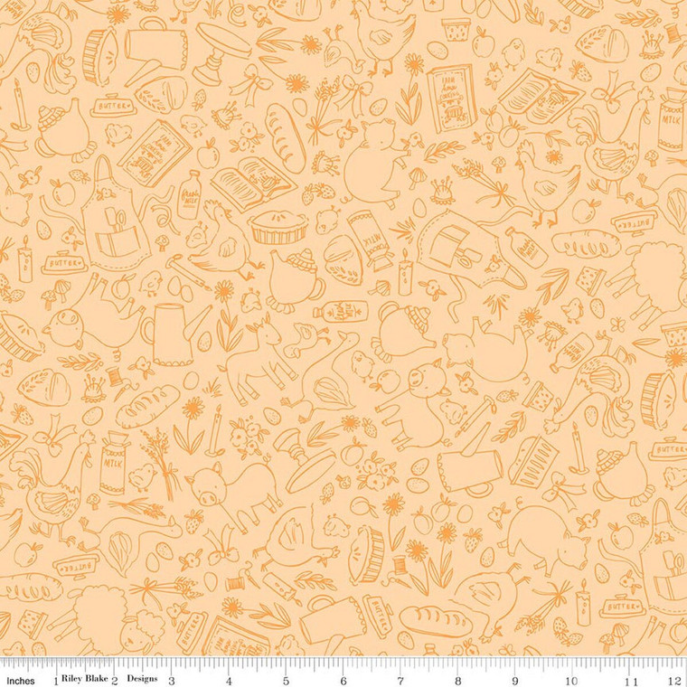 Riley Blake Designs - Lil' Farm Friends - Farm Outlines - Butter #C17942-BUTTER - This tonal blender print features delicate outline sketches of barns, animals, and farm motifs in a soft tone-on-tone design, set against a warm butter yellow background.