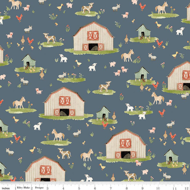 Riley Blake Designs - Lil' Farm Friends - Main - Thunder #C17940-THUNDER - charming barns and farm animals by Kelsey Carlson. Quality quilting cotton for nursery and quilt projects.