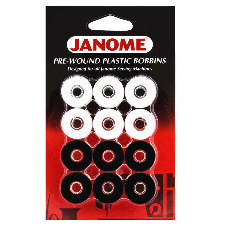 Janome 12 Pack Pre-Wound Plastic Bobbins White and Black Thread