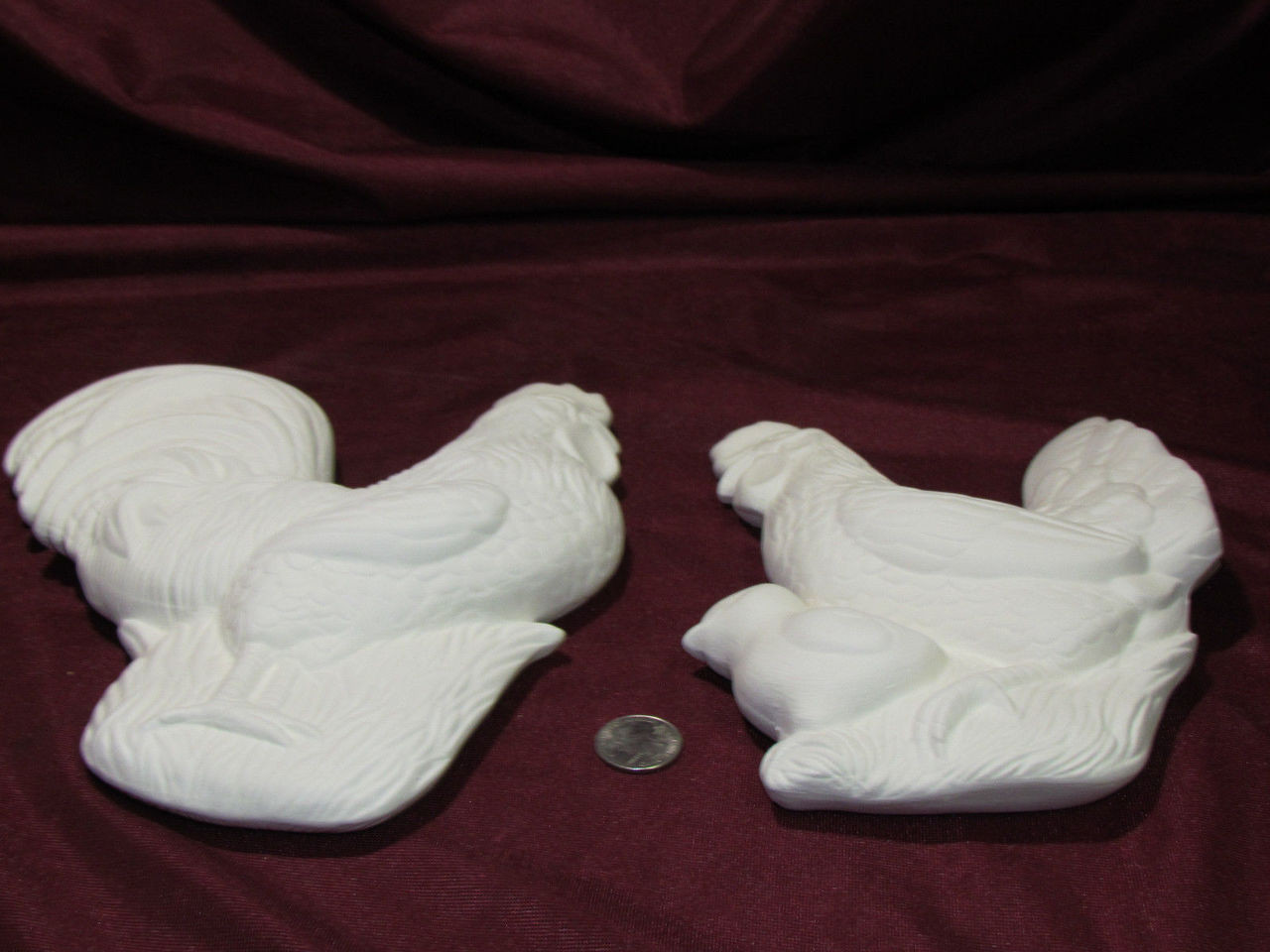 Unpainted Ceramic Rooster and Chicken Figurines / Bisqueware