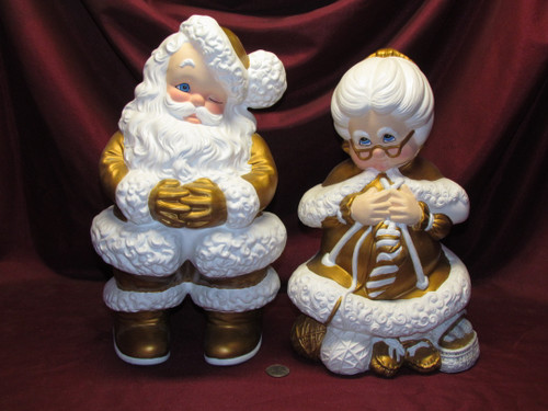  Large Mr & Mrs Santa Claus ~ Gold and White Themed ~ Hand Painted Ceramic Bisque ~ Ready to Display