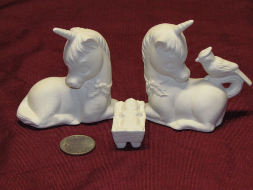 Ceramic Bisque 2 Unicorns And A Baby Jesus unpainted ready to paint