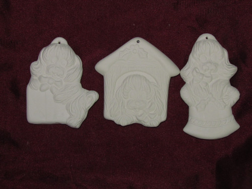 Ceramic Bisque Lot of 3 Puppy Dog Christmas Ornaments U Paint Ready to Paint