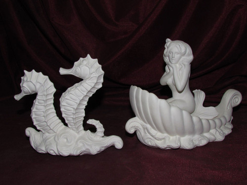 Ceramic Bisque Mermaid & Seahorse Chariot Set unpainted ready to paint