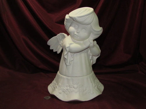 Ceramic Bisque Dona's Sweet Tot Angel with Hands Together -  Hearts and Flowers Skirt pyop unpainted ready to paint diy
