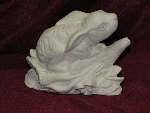 Ceramic Bisque Bunny Rabbit On Log Base pyop unpainted ready to paint diy