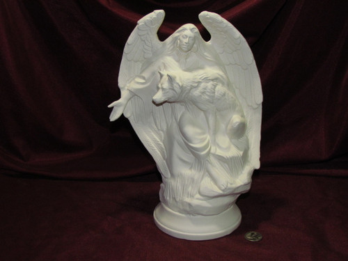 Ceramic Bisque Native American Angel with Wolf