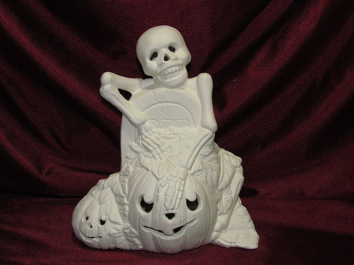 Ceramic Bisque Spooky Skeleton With Tombstone & Pumpkins pyop unpainted ready to paint diy
