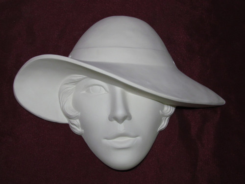 Ceramic Bisque Woman with Hat over Eye Mask Wall Hanging pyop unpainted ready to paint diy