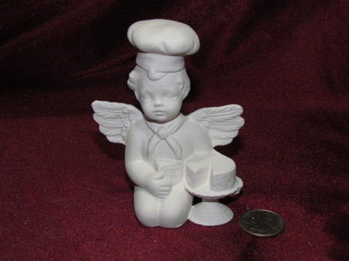 Ceramic Bisque Cherub Angel Wearing Chef Hat With Cake pyop unpainted ready to paint diy