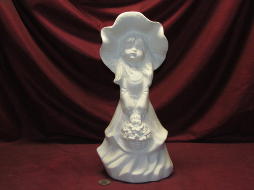 Ceramic Bisque Evergreen Girl Rebecca ~ Big Bonnet Girl  Holding Basket with Flowers  pyop unpainted ready to paint diy