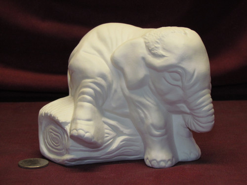 Ceramic Bisque U-Paint Baby Elephant Climbing on Log Ready to Paint Unpainted Diy