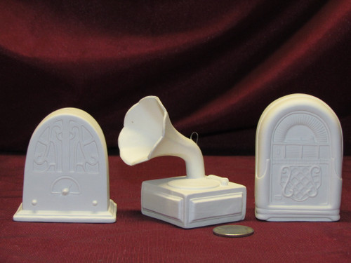 Ceramic Bisque U-Paint Set Of 3 Ornaments Jukebox Old Time Radio ...