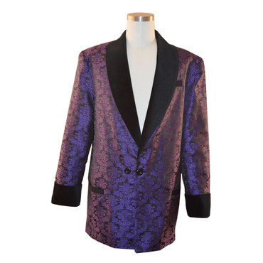 Men's purple brocade smoking jacket with black bemberg lining.  Black velvet cuff and collar