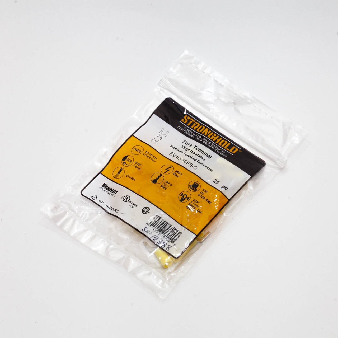 Panduit Fork Terminal, 12 10 AWG, 10 Stud, Vinyl, 300V, Yellow 25Pk TremTech Electrical