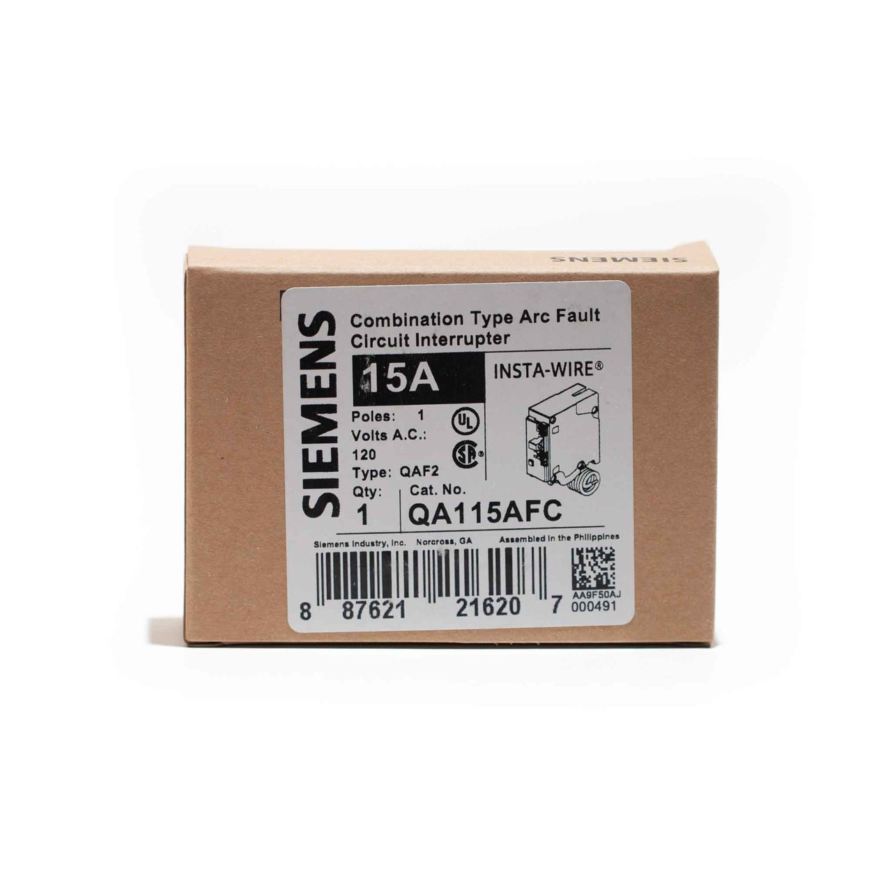 Siemens QA115AFC 15A Single Pole Combination AFCI Push-On Breaker
