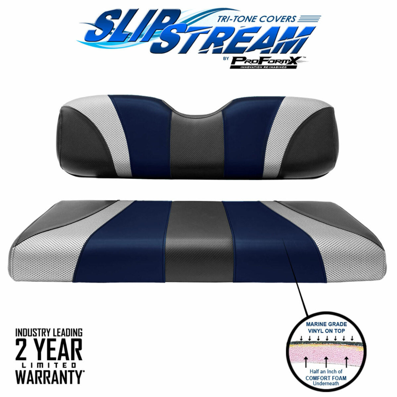 ProFormX SlipStream Front Seat Cover Set Jet/Navy Blue/Liquid Silver - Fits  E-Z-Go TXT & RXV 