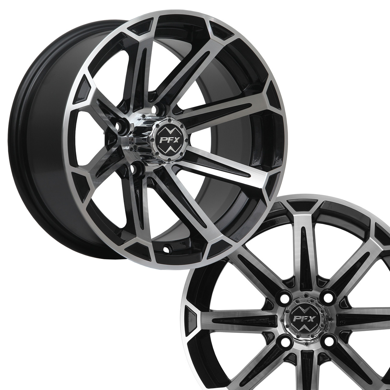 14" VORTEX Machined/Black Wheels on 205/30-14 Fusion Street Tires - Warranty & Watermark
