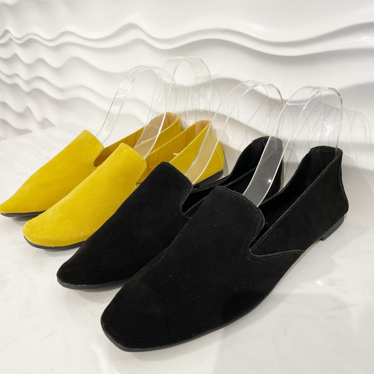 yellow velvet loafers
