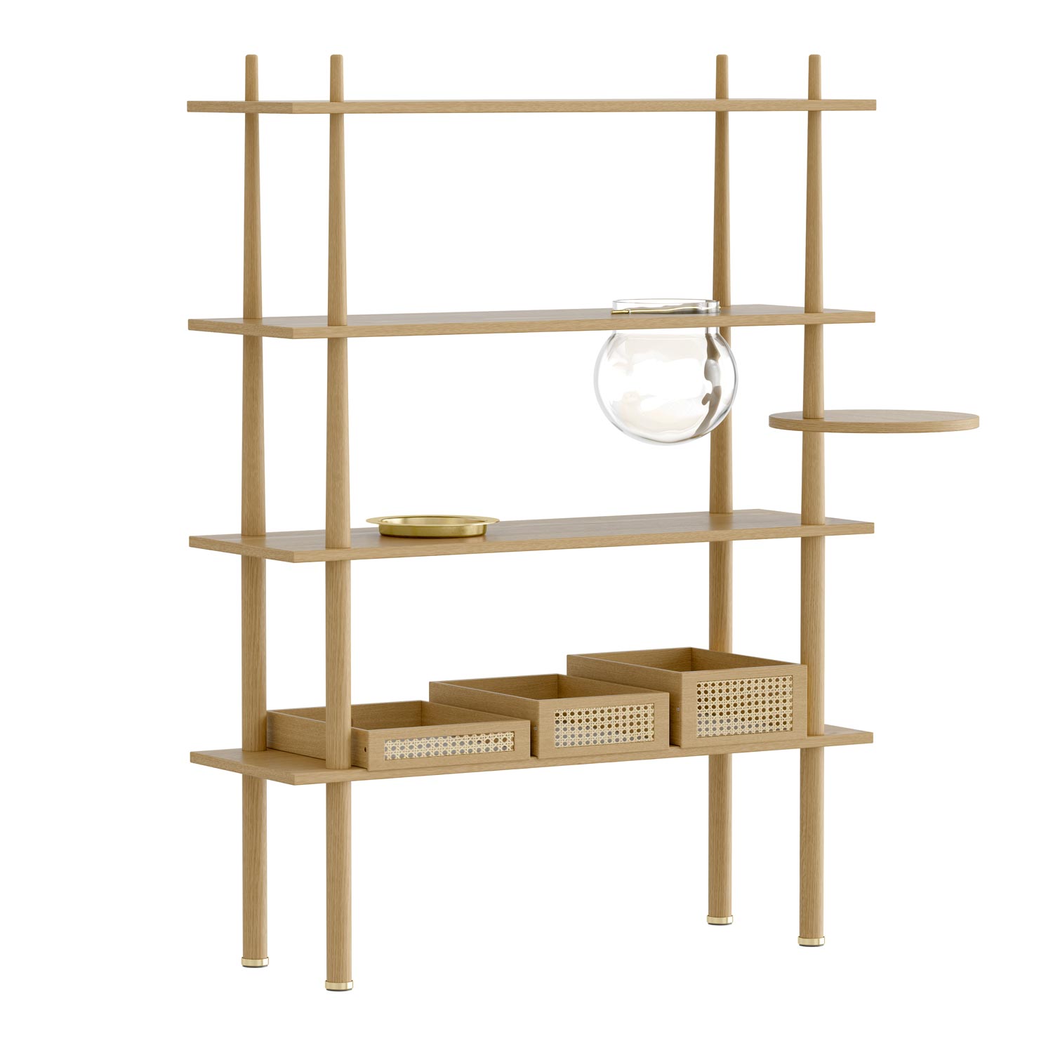 Umage Stories Shelving Unit - Oak - With Venetian Cane Trays - With Glass Storage Bowl - With Side Table