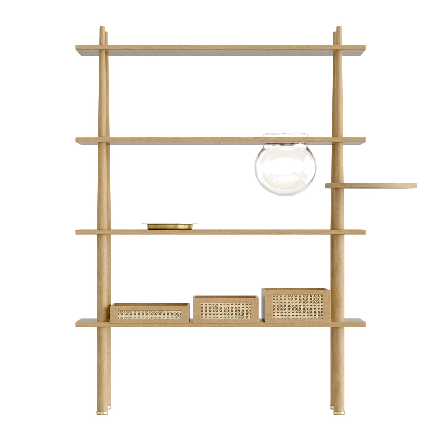 Umage Stories Shelving Unit - Oak - With Venetian Cane Trays - With Glass Storage Bowl - With Side Table - Front View