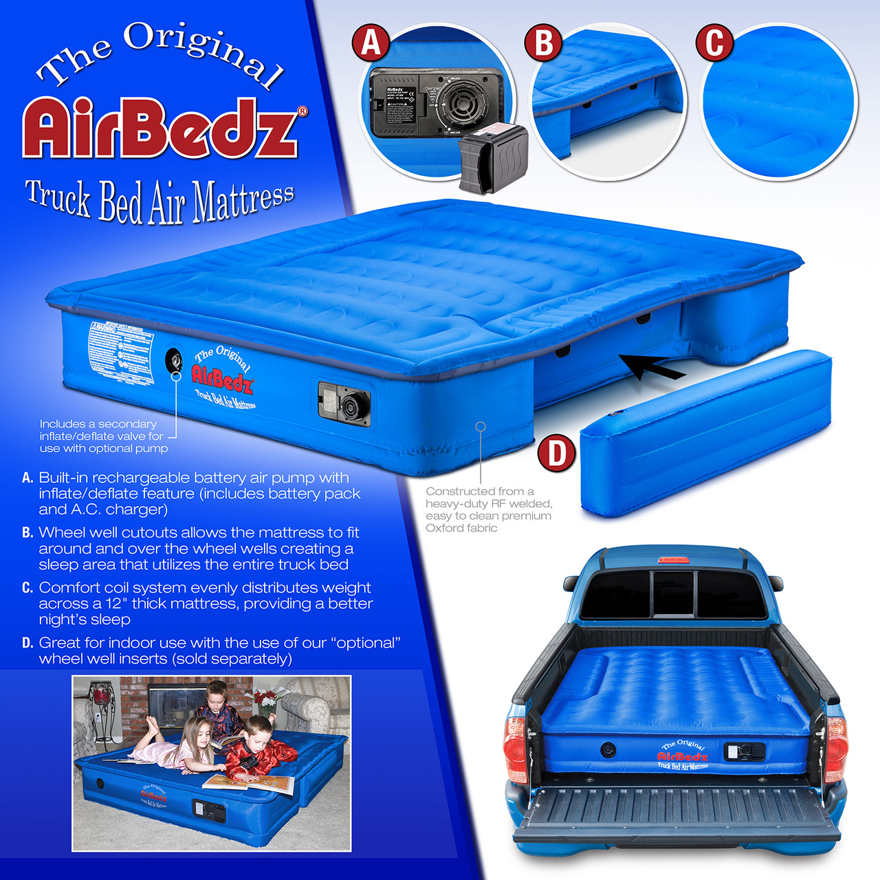AirBedz Inflatable Air Mattress Full-Size Truck Beds, 5-5.8' Bed, Blue, Built in Pump, Rechargeable Battery | PPI-104