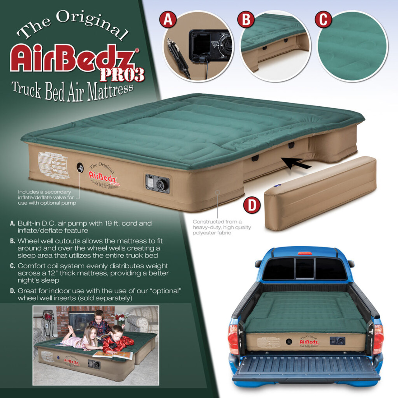 AirBedz Inflatable Air Mattress Mid-Size Truck Beds, 6-6.5' Bed, Built in DC Air Pump, 19' Cord | PPI-303